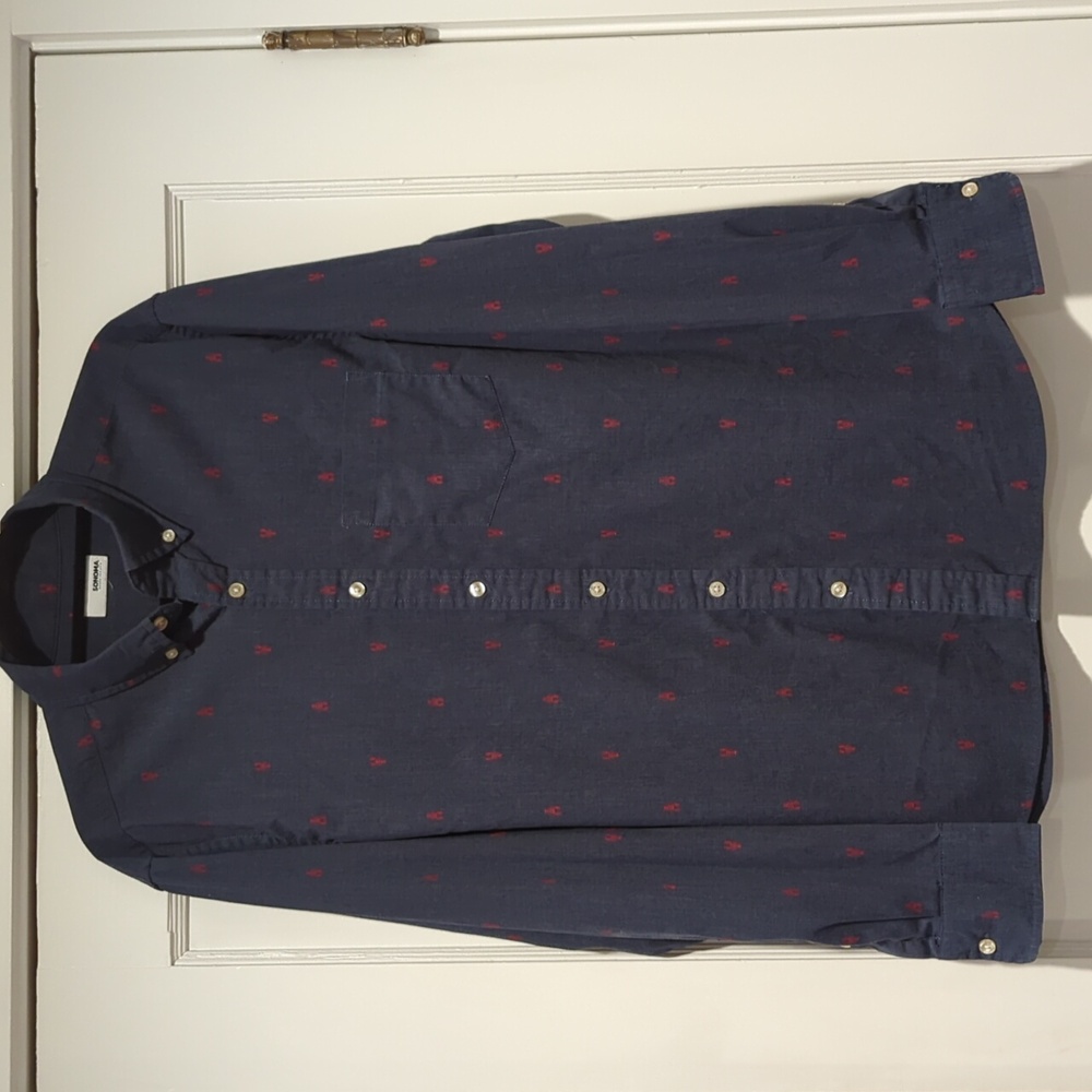 Sonoma Men's Long Sleeved Blue Button-Up Red Lobsters  Size Large